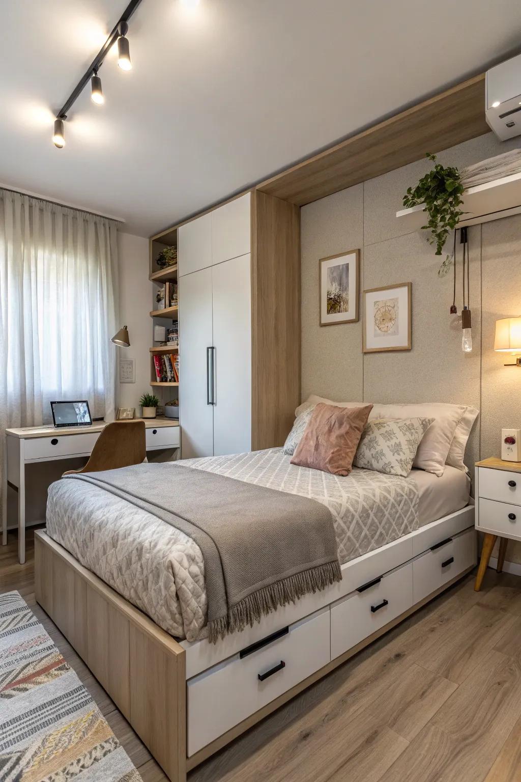 Intelligent stowage fixes beneath the bed.