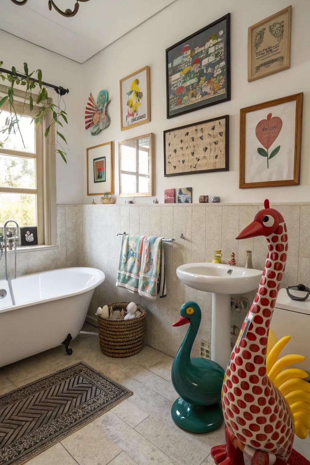 A bathroom with whimsical art installations that bring joy and character.