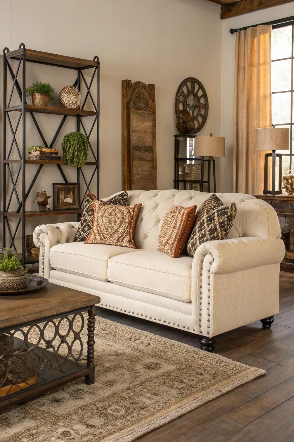 A mix of materials adds contrast and depth to the living room.