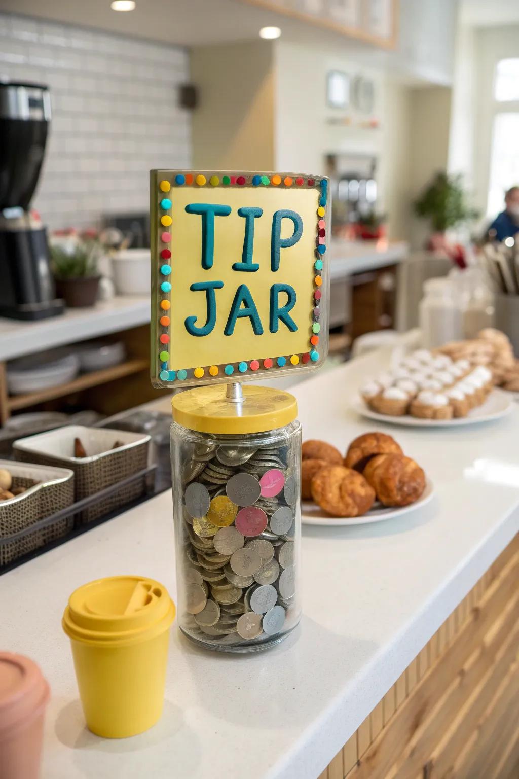 A visually striking tip container featuring playful design
