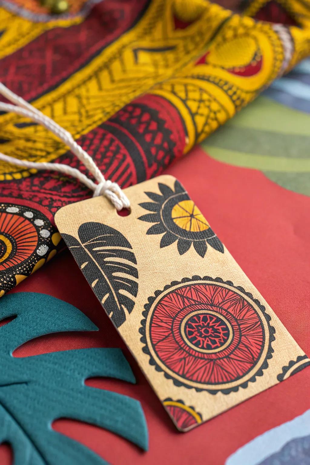 A colorful and textured tag that creates a visually appealing combination.