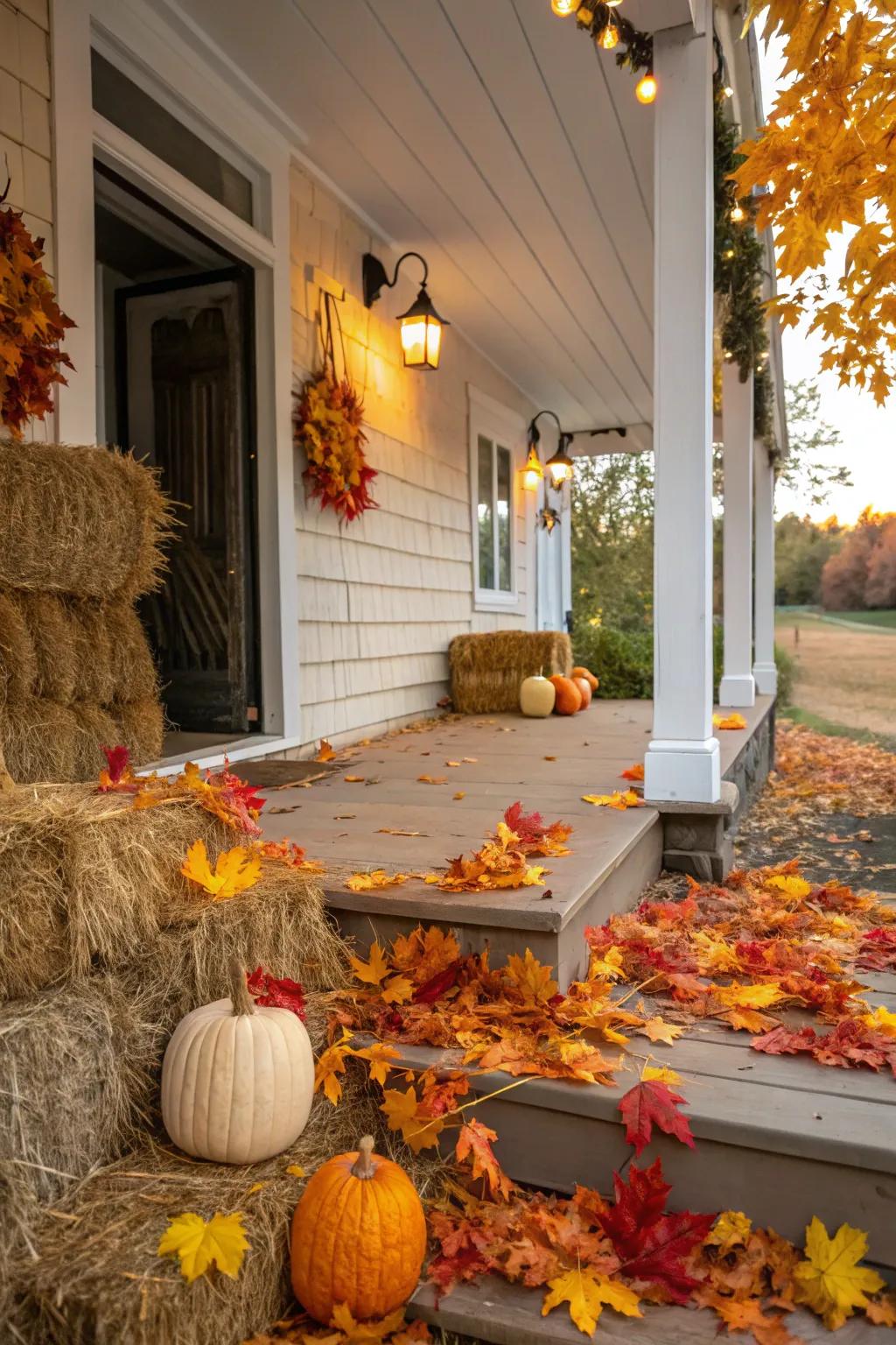 Autumn foliage and hay bundles add seasonal charm.