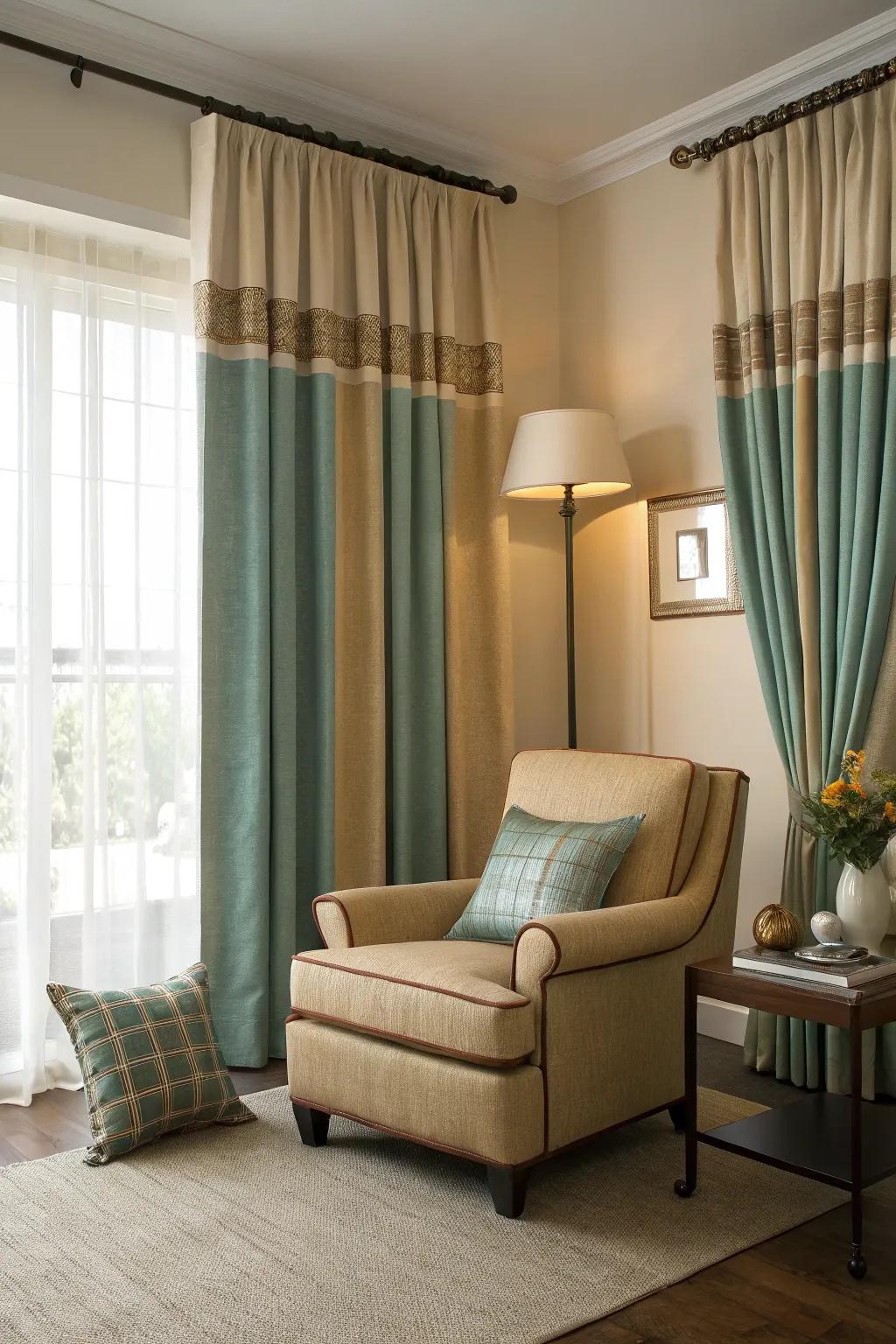Drapes can aid in matching accent hues for cohesive decor.