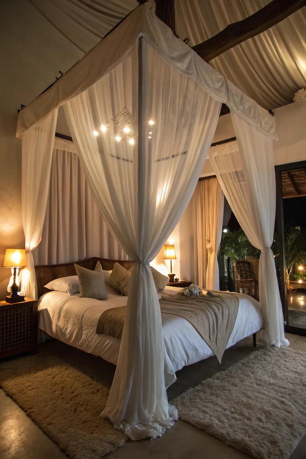 A romantic bedroom featuring a canopy effect created with curtains.