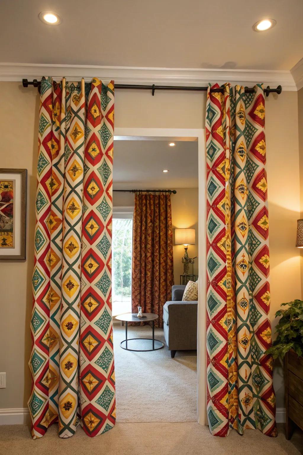 Striking patterned drapes adding personality to a space.