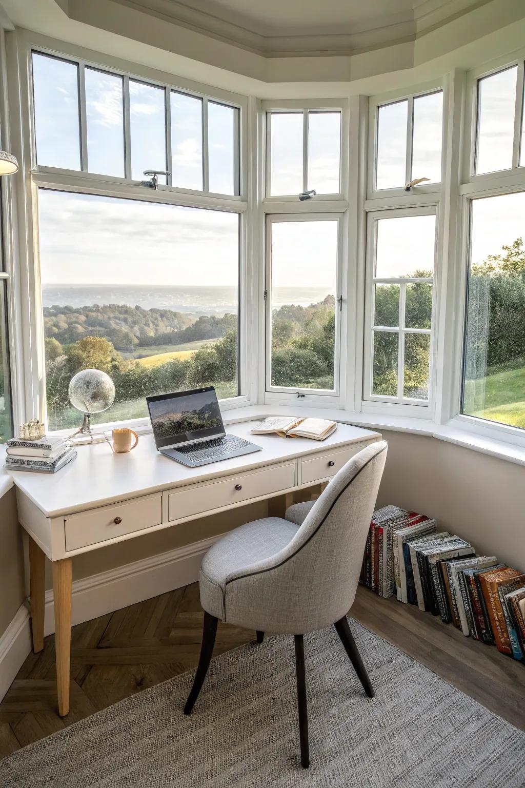 A functional workspace positioned within an arched bay window.
