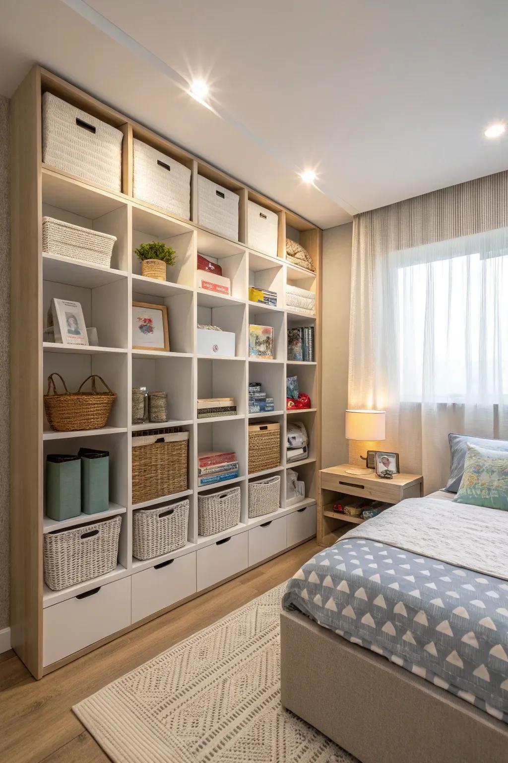 Organized storage helps keep the area tidy.