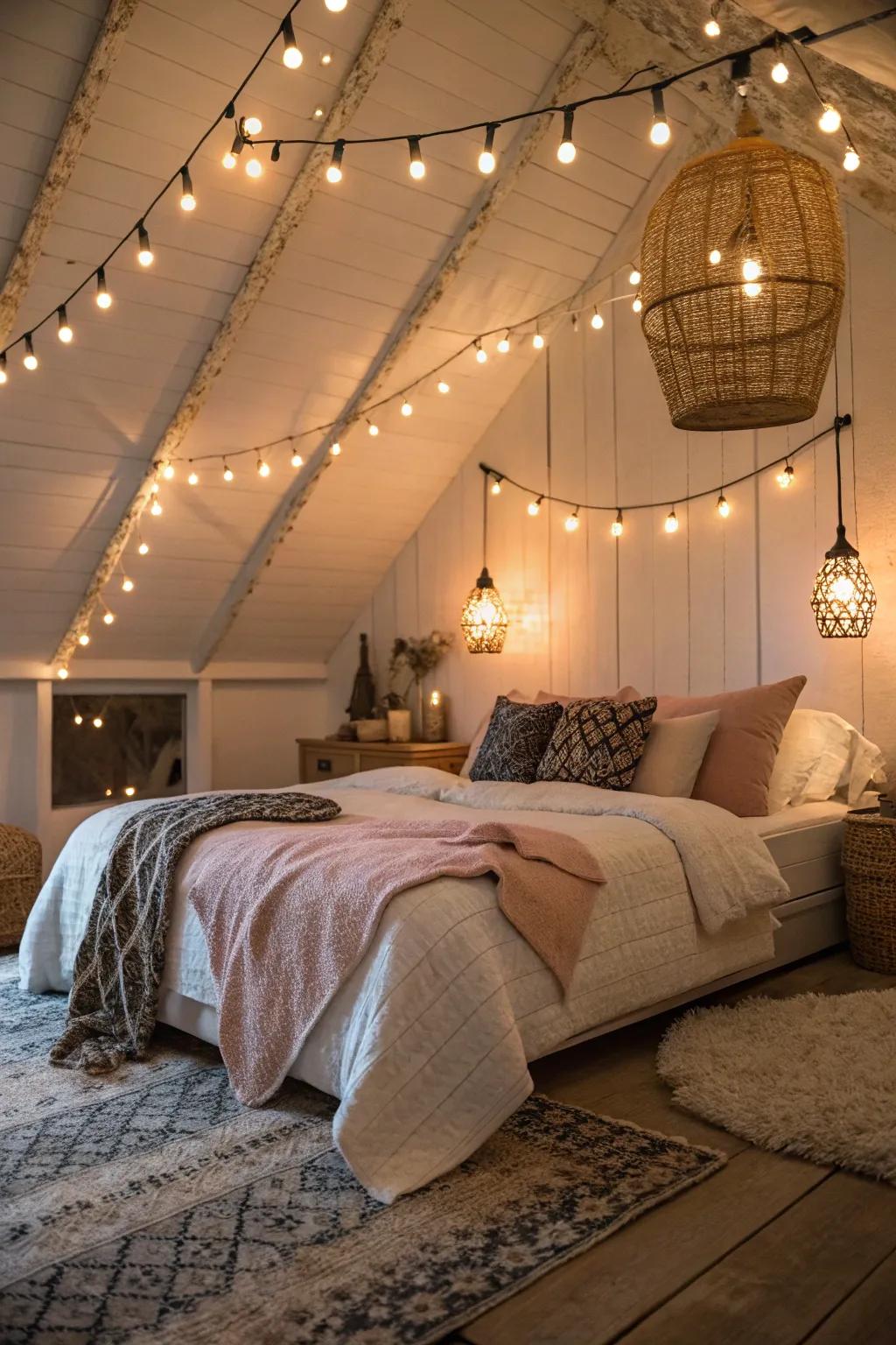 Inventive lighting beautifully transforms the room's atmosphere.