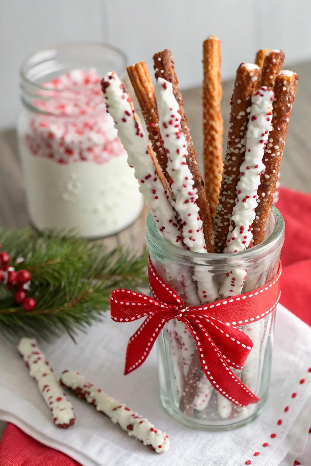 Delicious peppermint pretzel dippers ready for holiday snacking.