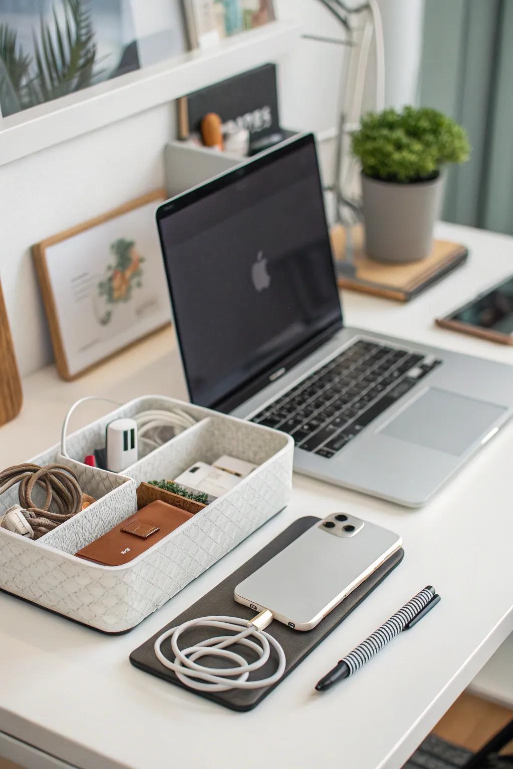 A desk featuring an organized tech setup and effective cable management solutions.
