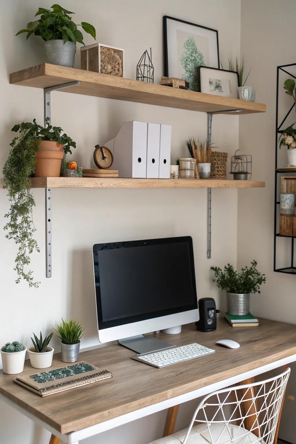 Floating shelves enhance your setup with depth and flair.