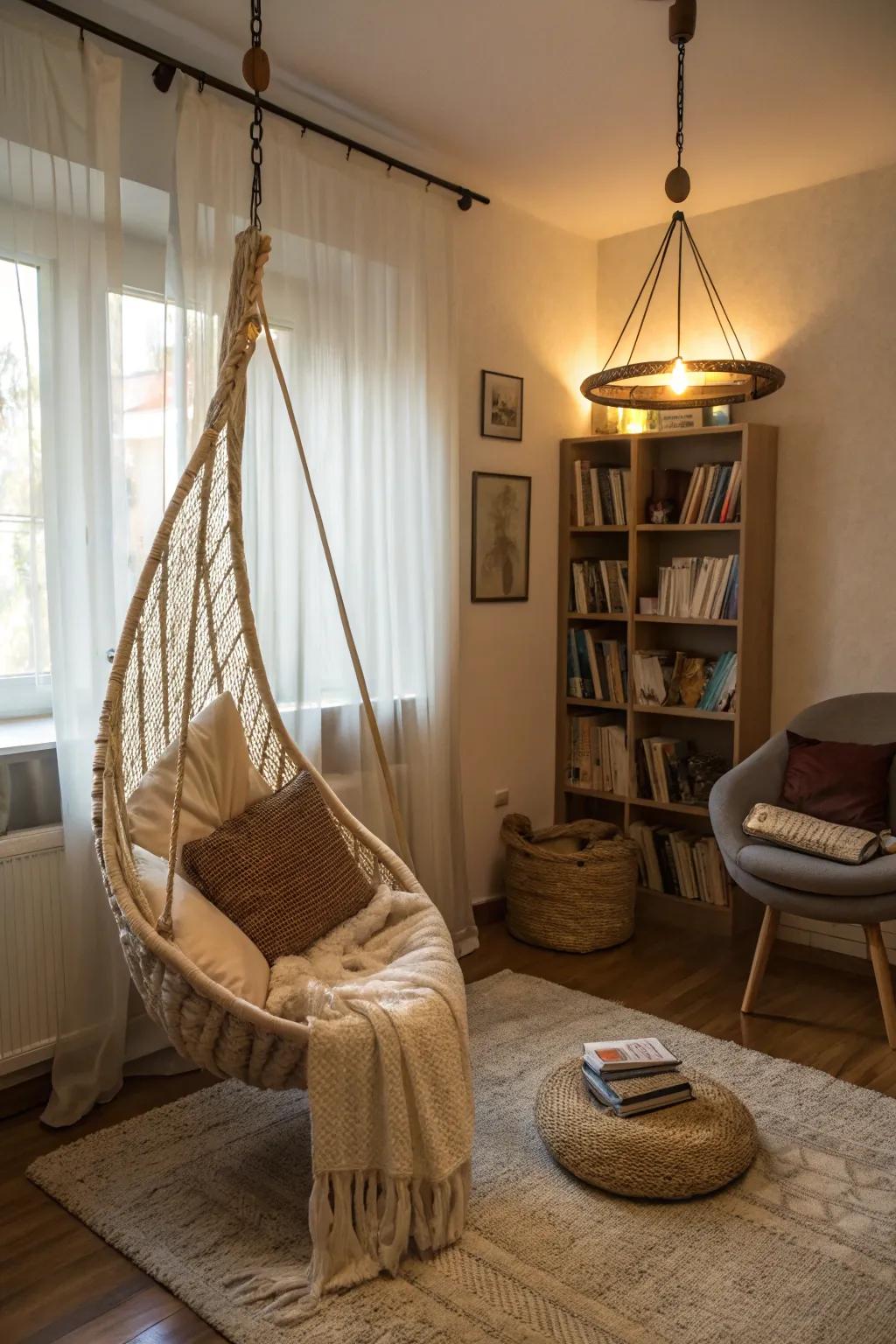 Hanging chairs foster a playful and relaxed atmosphere.