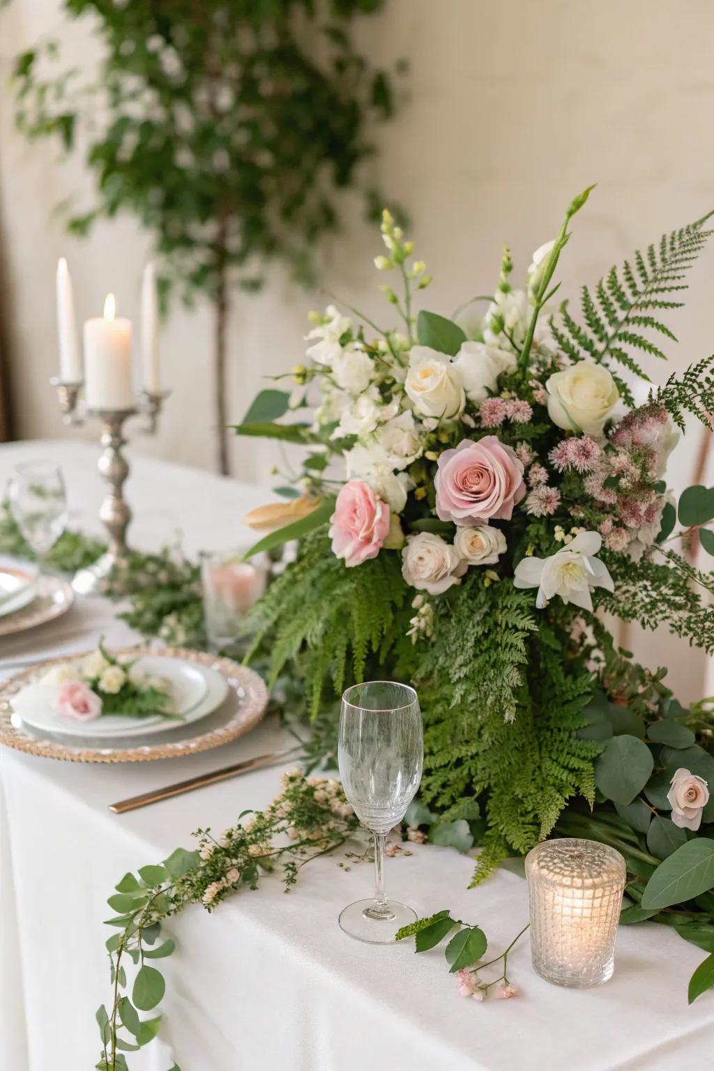 A floral scene centerpiece bringing nature to the table.
