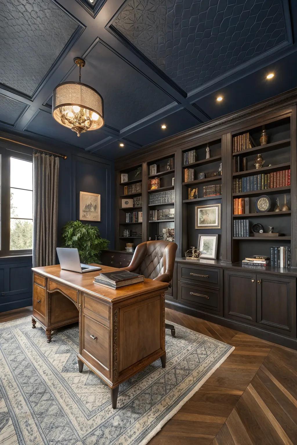 A sophisticated personal office featuring a dark blue ceiling.