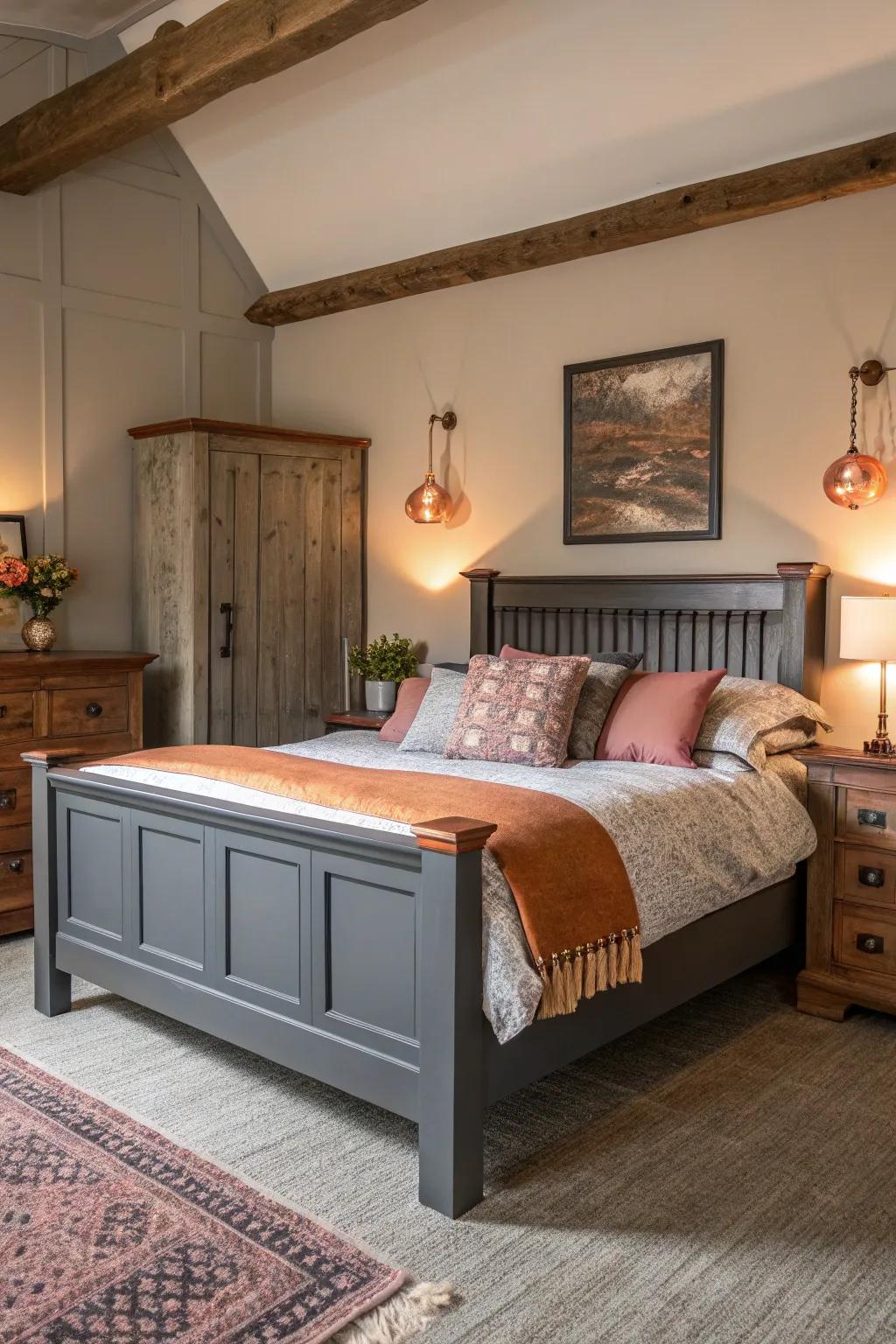 Bronze accents impart warmth and polish to a grey-themed boudoir.