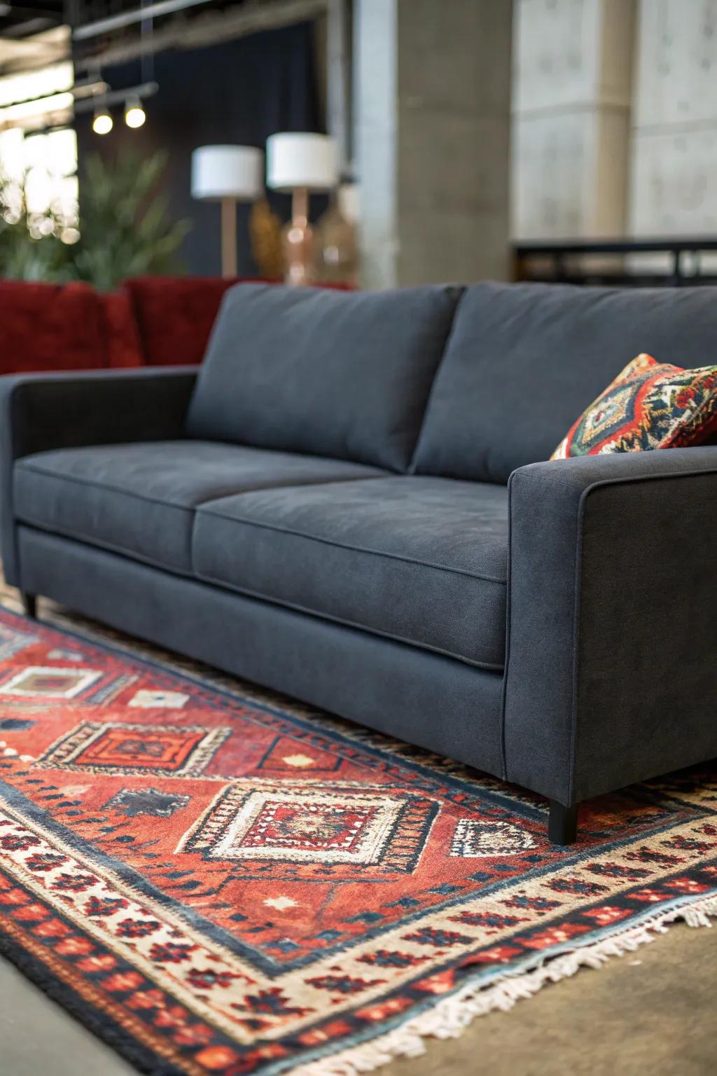 A divergent floor covering delineates and enriches the area encircling a grey loveseat.
