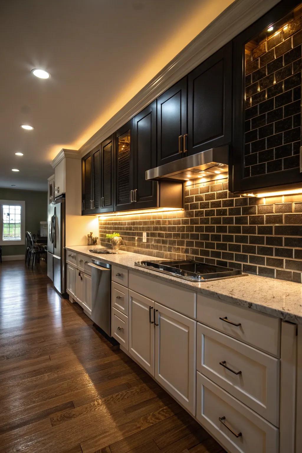 A kitchen space featuring recessed illumination that elegantly emphasizes a dark backsplash.