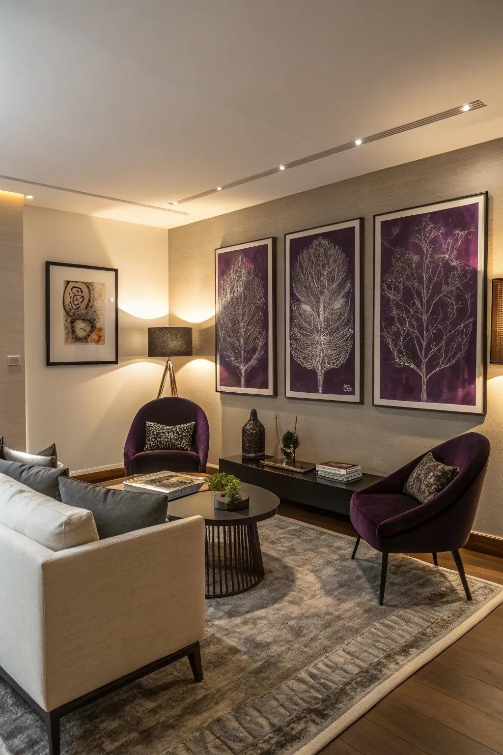 Violet artwork adds a burst of color and intrigue to this modern living space.
