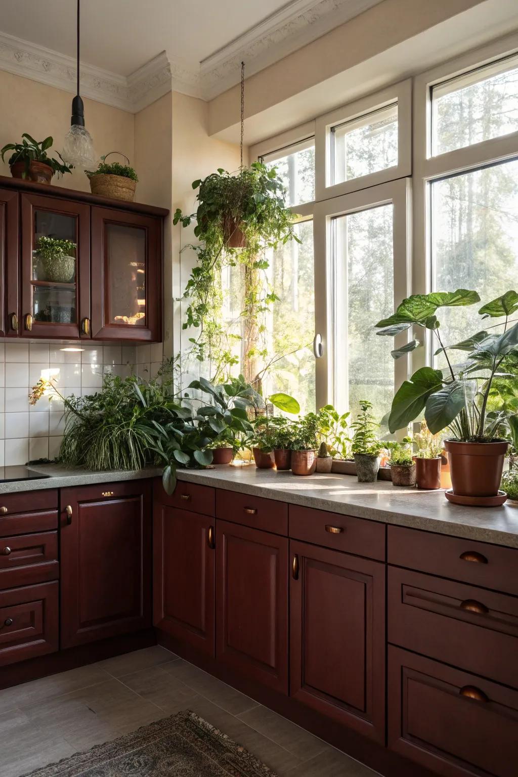 Kitchen with dark red cabinets enhanced by natural features.