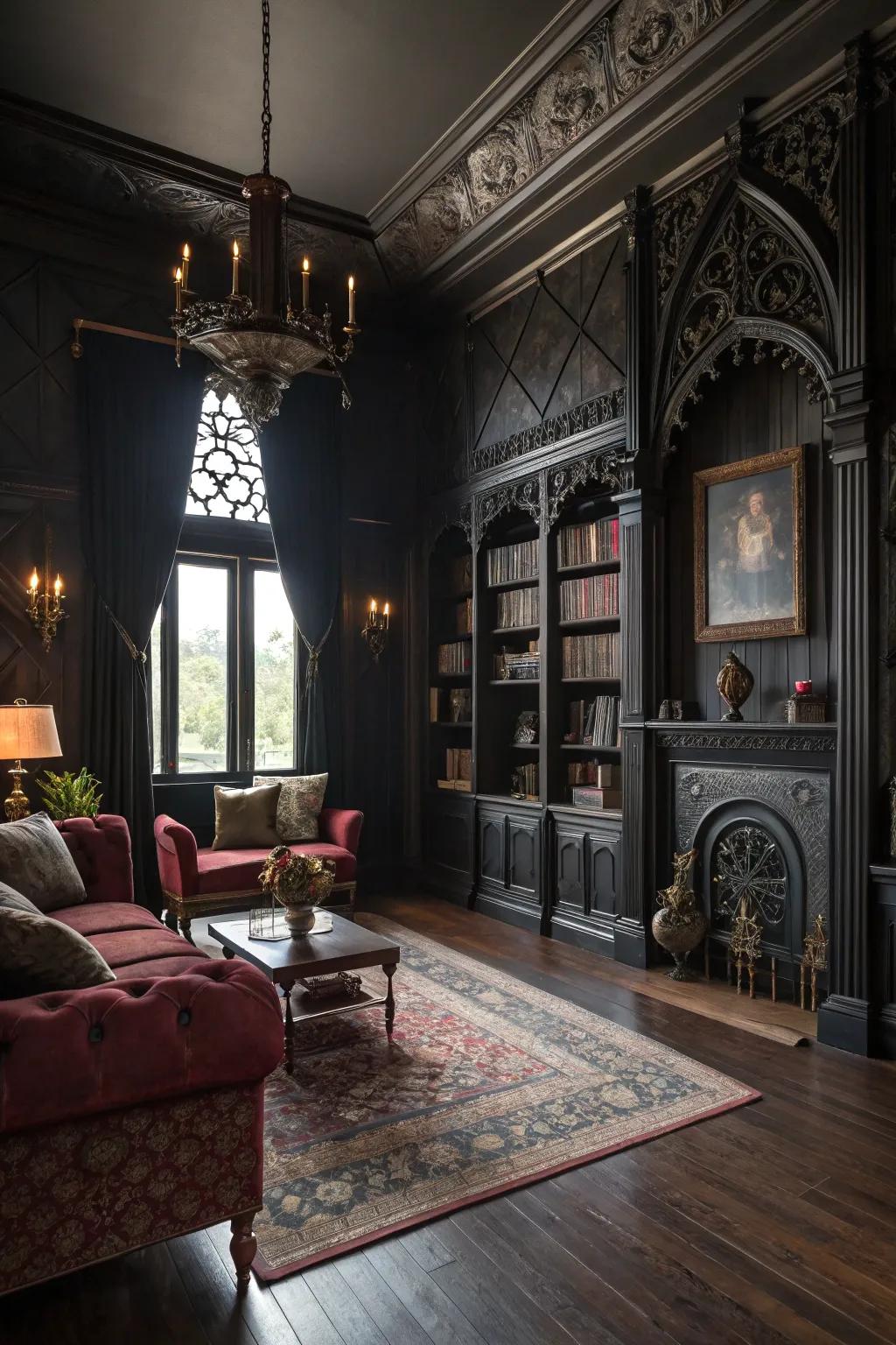 A gothic-inspired living space featuring dark wood floors and vintage accents.