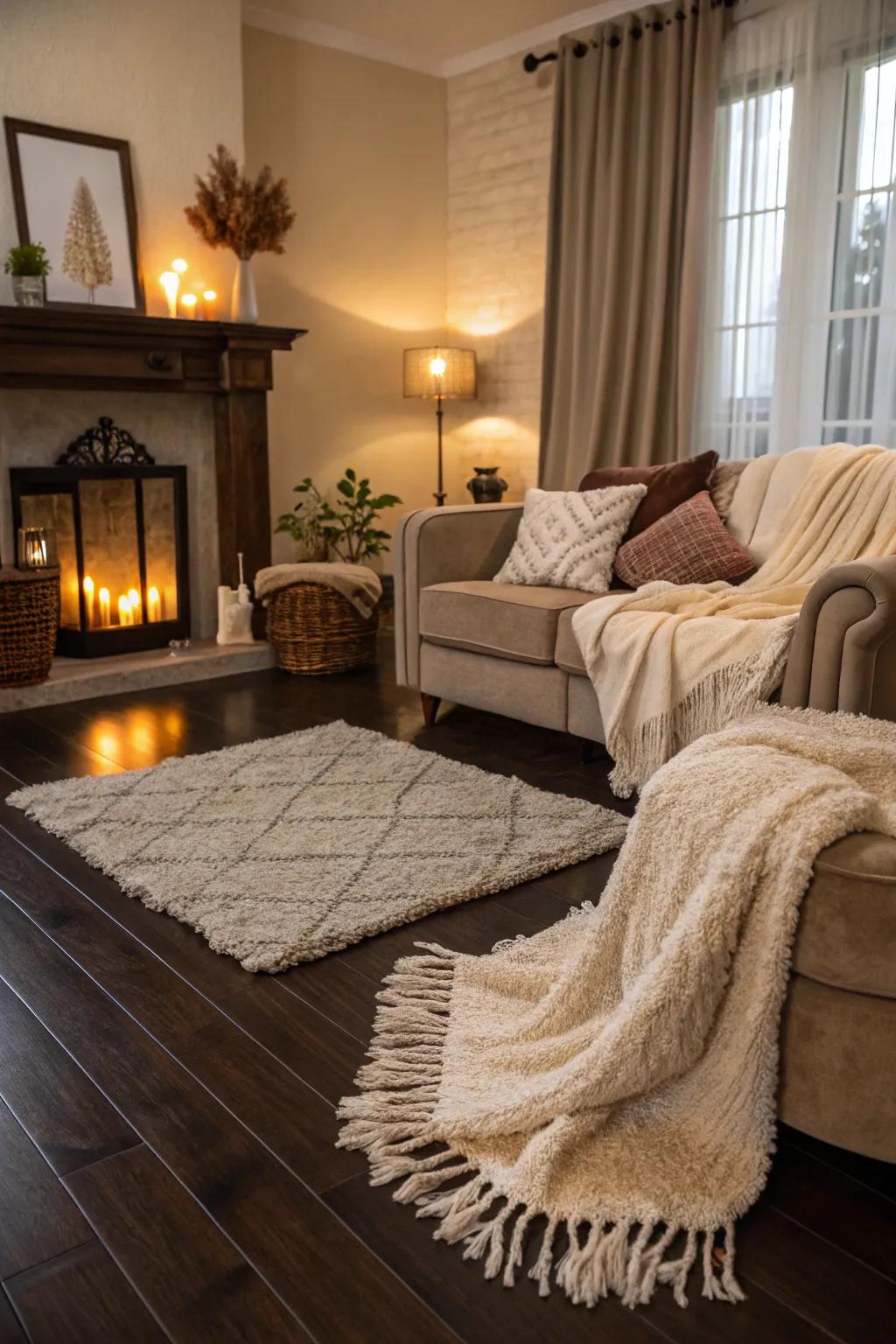 Layered textures bring warmth to areas featuring deep-toned timber.