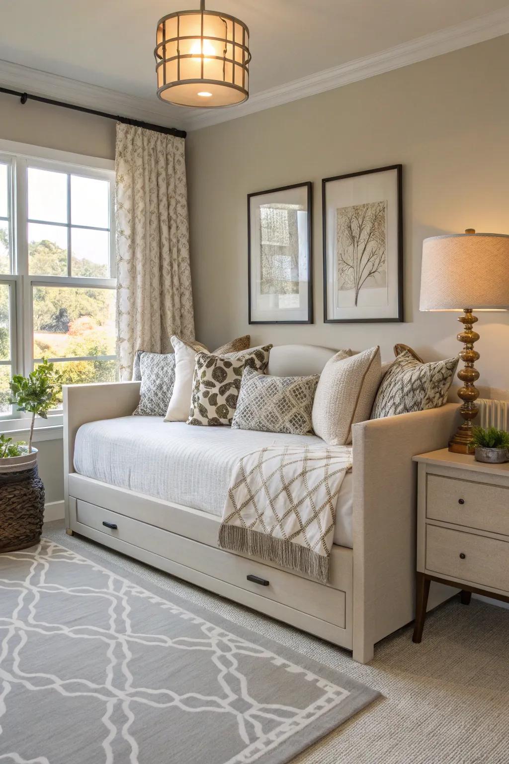 A daybed provides a stylish solution for guests staying overnight.