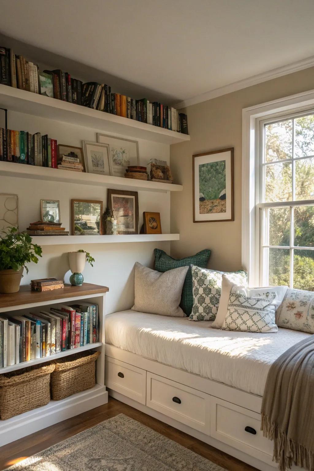 Wall shelves provide display and storage options without crowding the area.