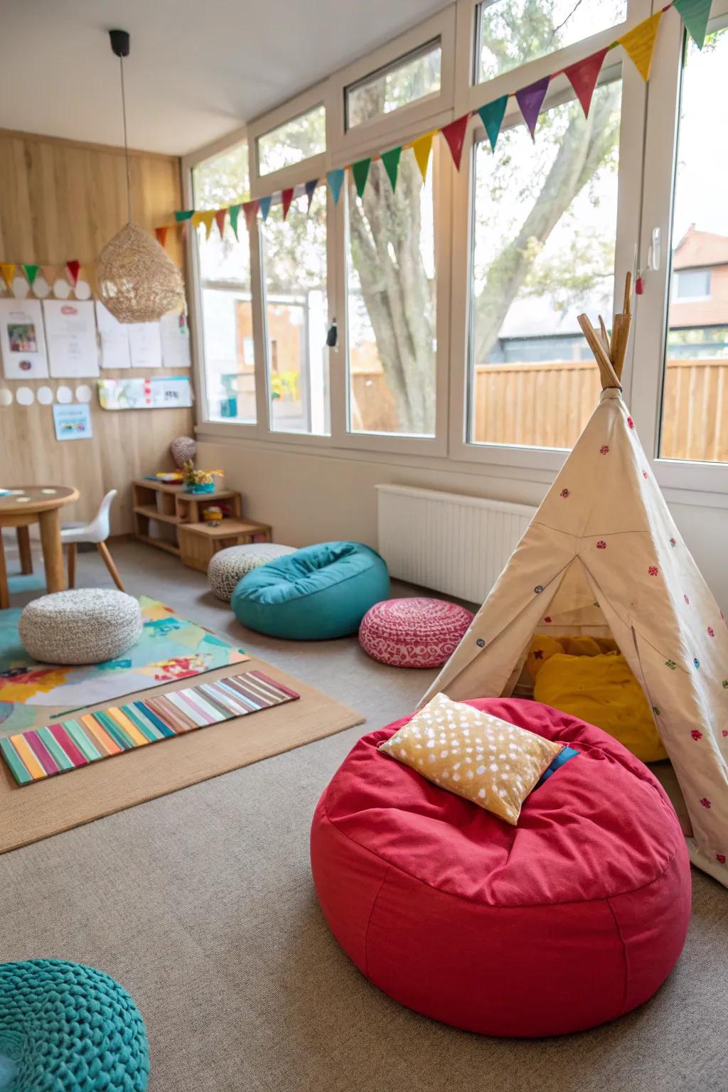 Cozy corners with lounging cushions for relaxation and perusing.