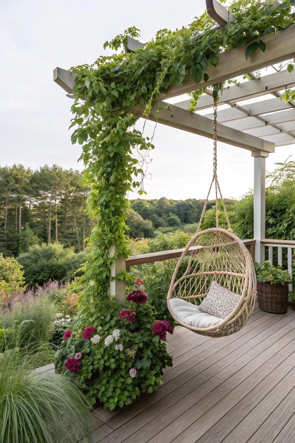 A hanging swing under a pergola, ideal for relaxation.
