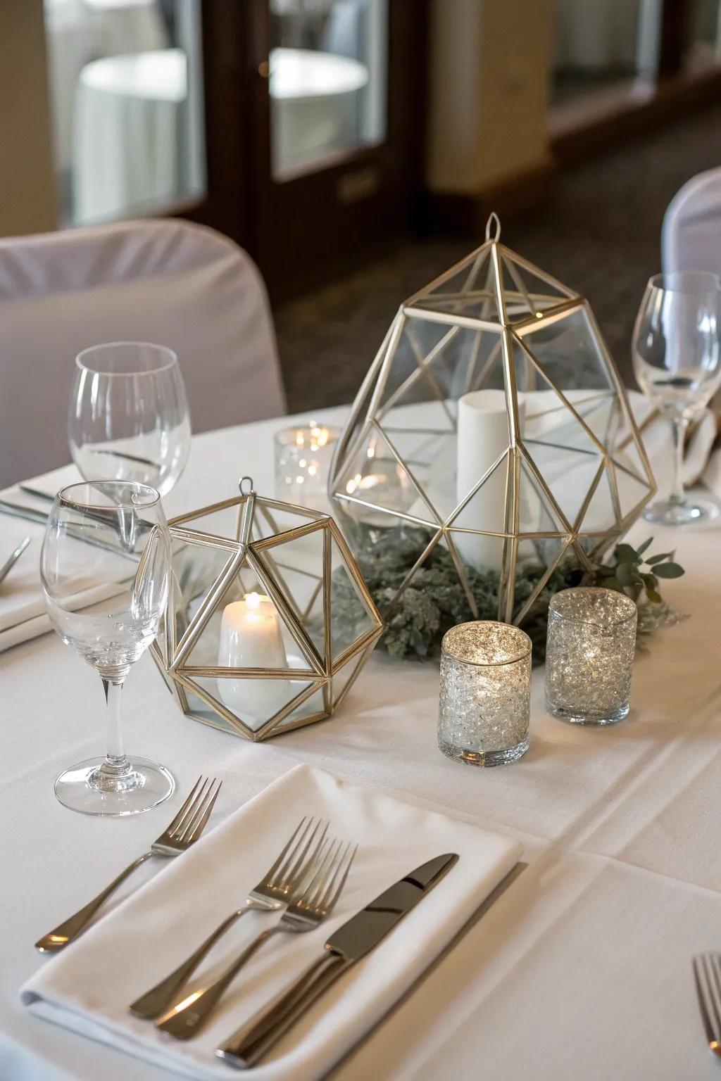 Modern geometric showpieces featured on a ceremony table.