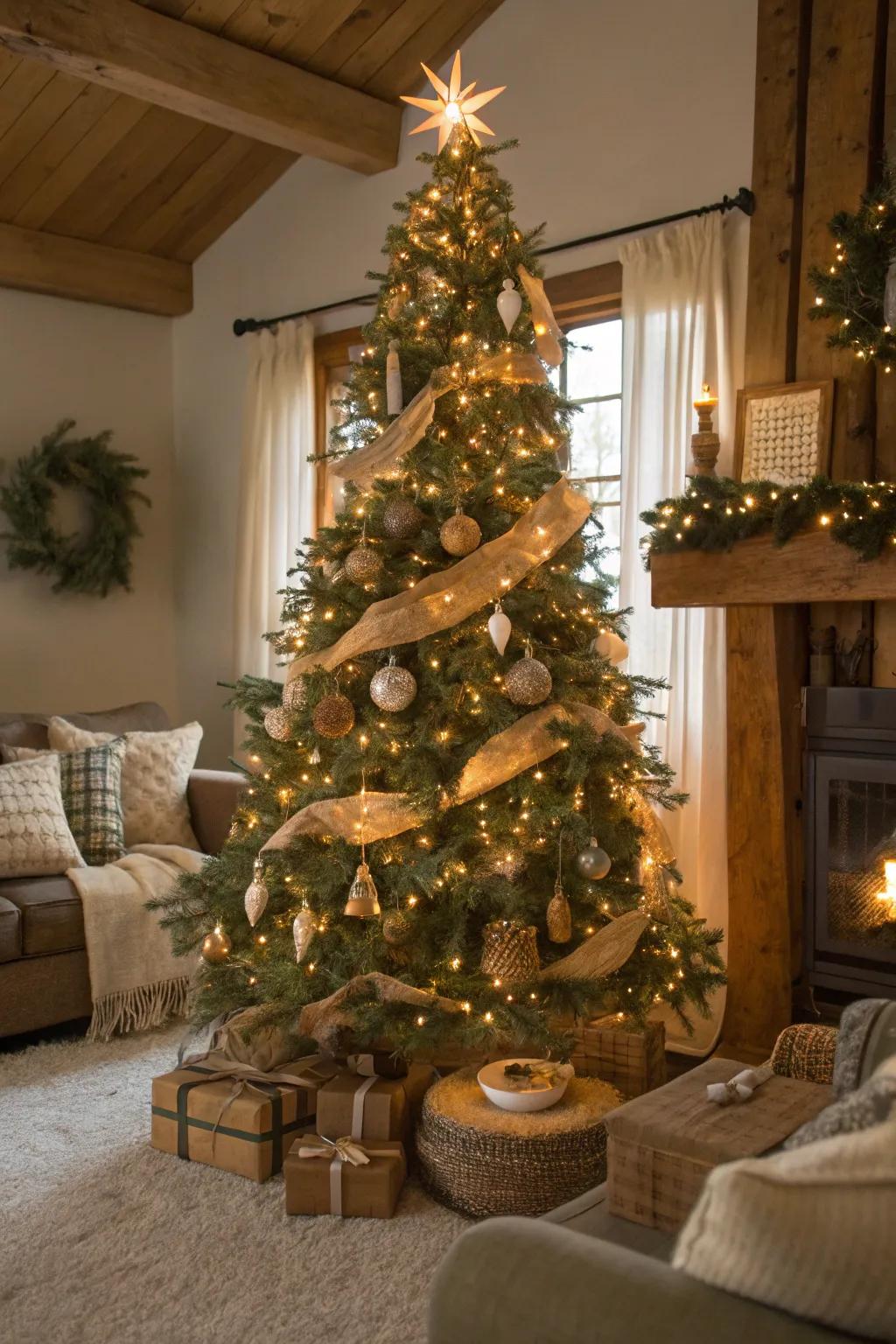 A countryside sanctuary Yuletide tree using warm lights and wooden decorations.