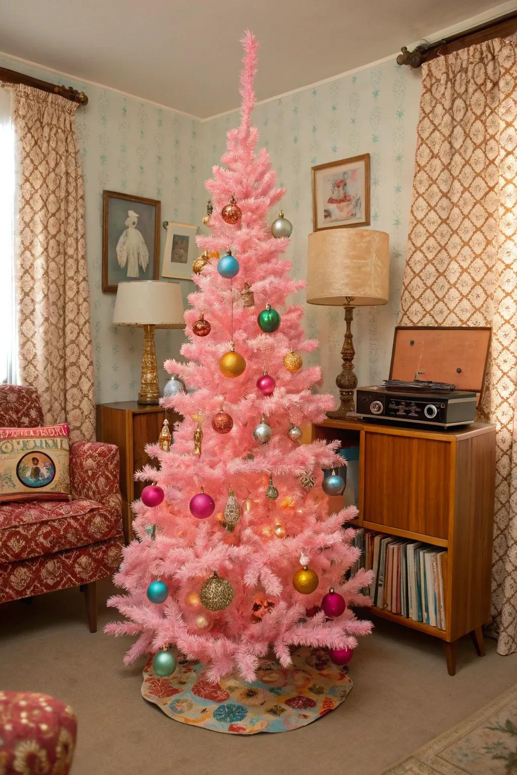 A charming retro tree with kitsch decorations.