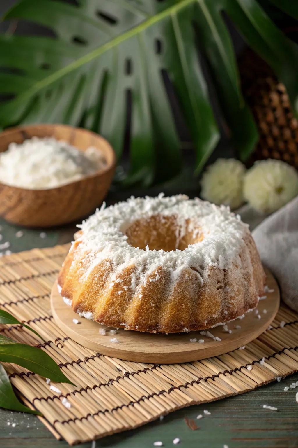 A bundt cake with a tropical essence from coconut flakes.