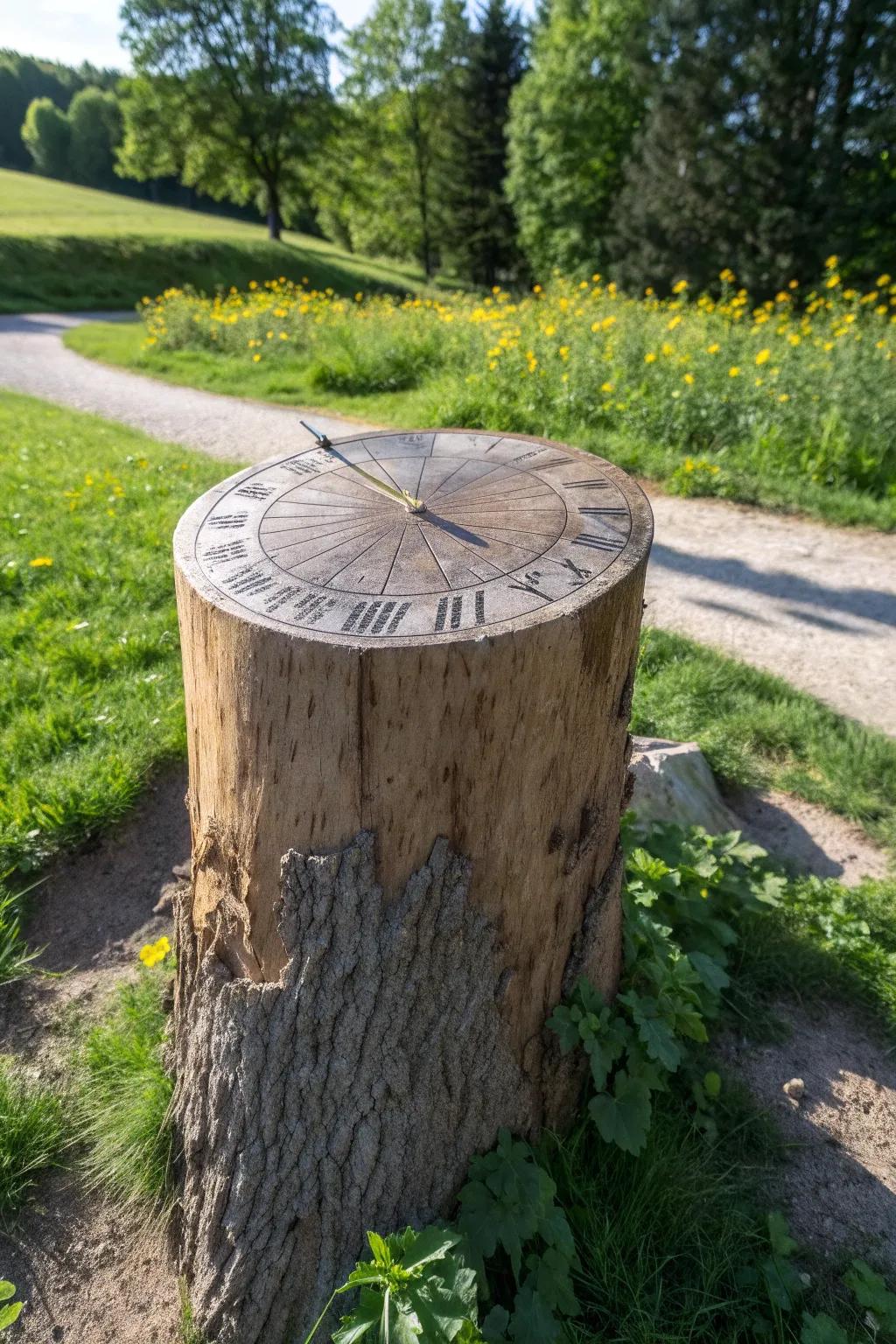 Embrace slow living with a sundial on a tree stump.
