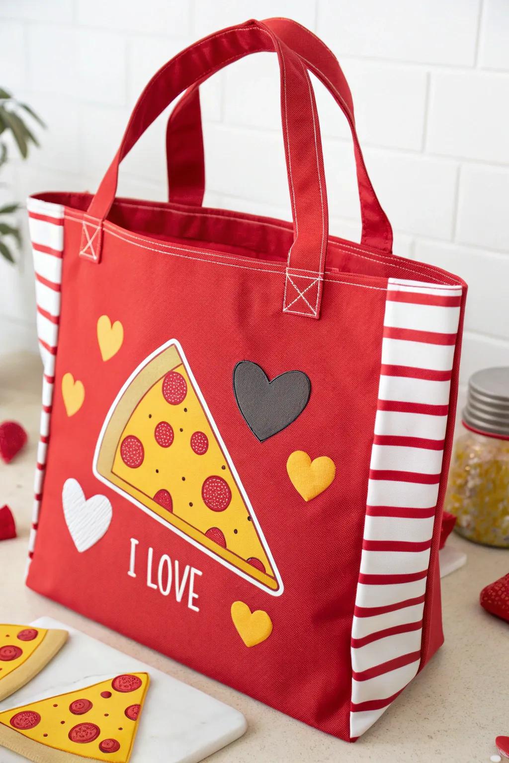 Pizza-themed bags impart a touch of lightheartedness and affection.