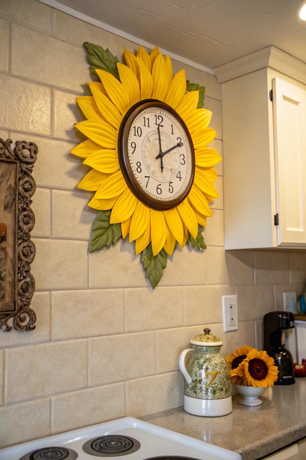 A sunflower clock serves as a delightful and useful decorative piece.
