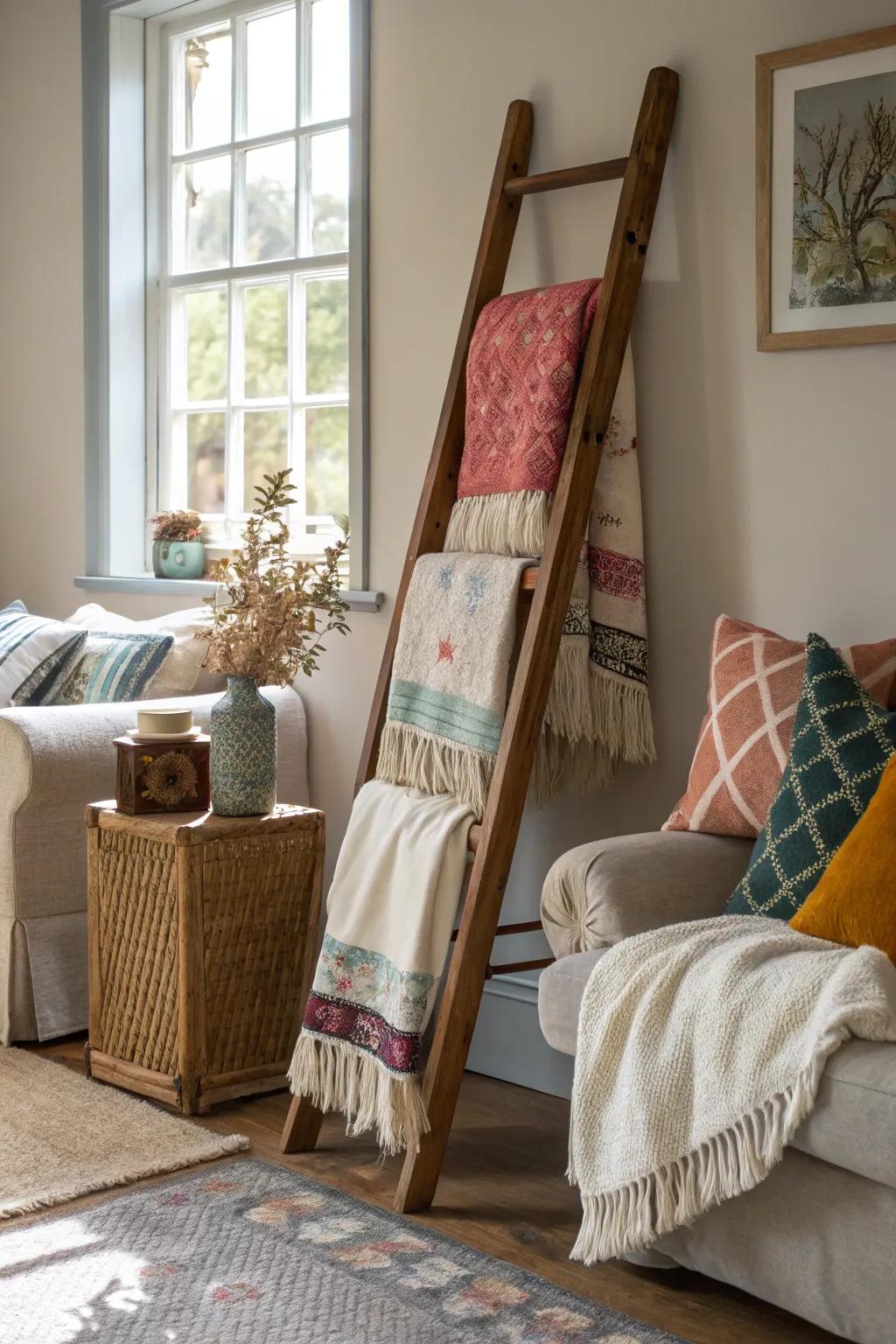 A stylish ladder introduces height and texture.