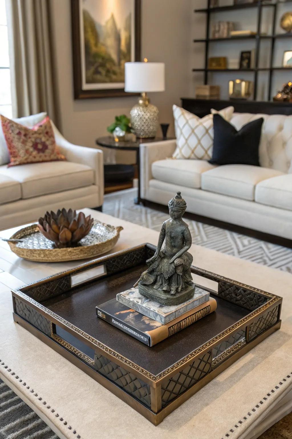 A creative elegance with a petite artistic representation upon a decorative serving board.