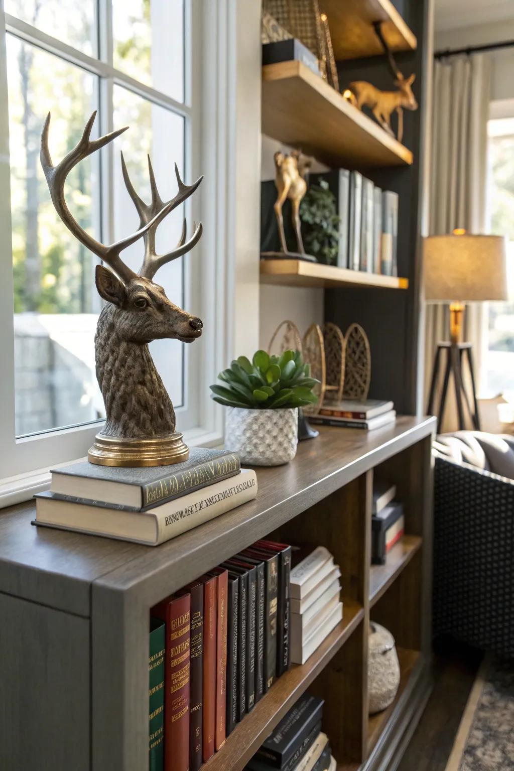 Deer antlers serve as attractive and practical bookends within a home office setting.