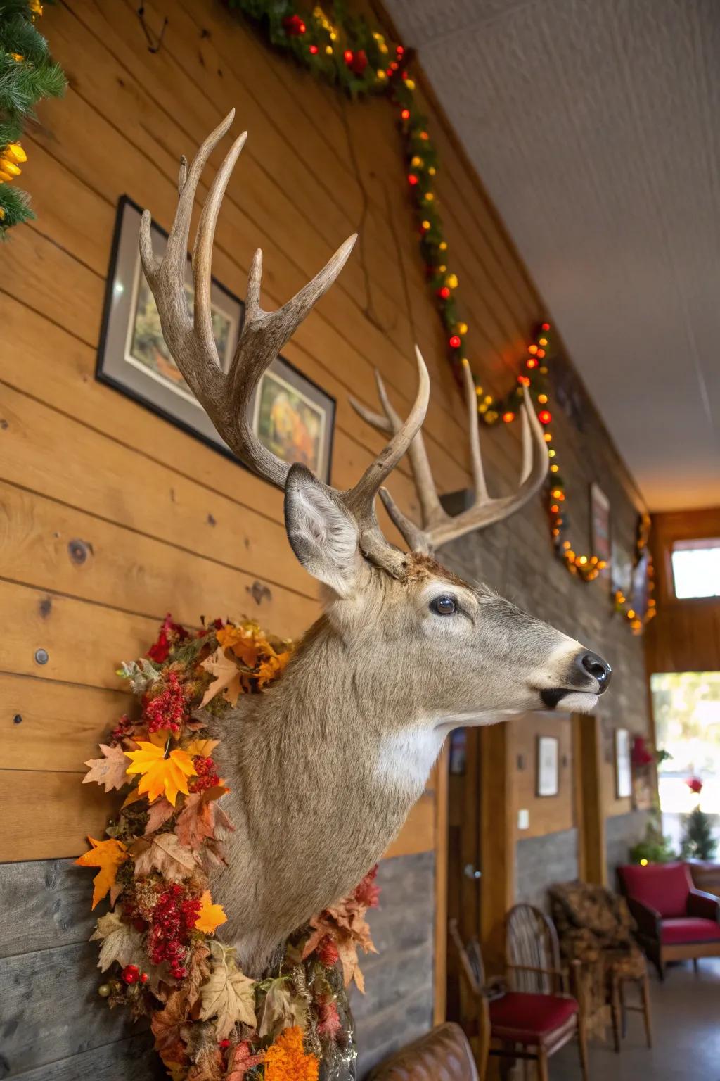 A deer mount adorned with seasonal decorations for year-round appeal.