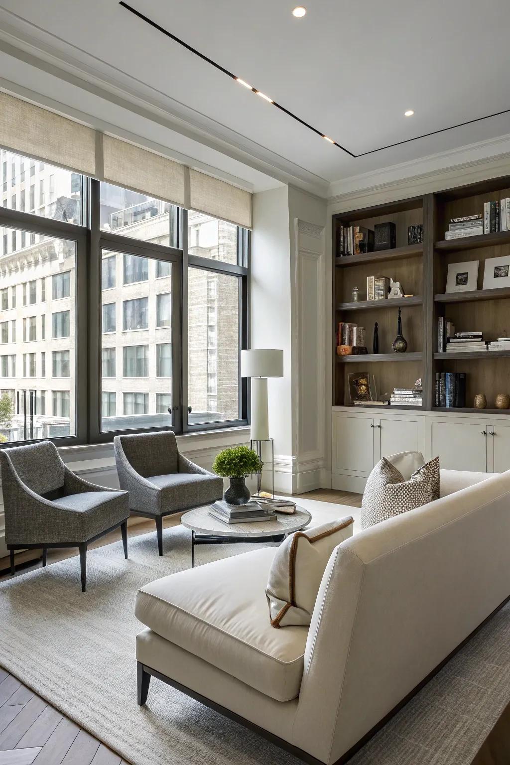 A contemporary den showcases highlights of modern design.
