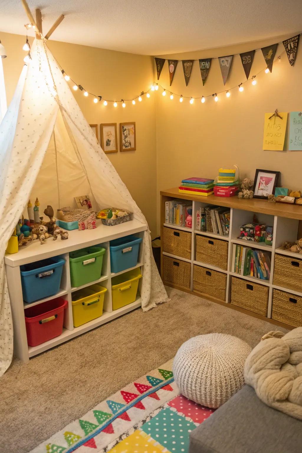 A family-accommodating den with designated recreation zones for children.