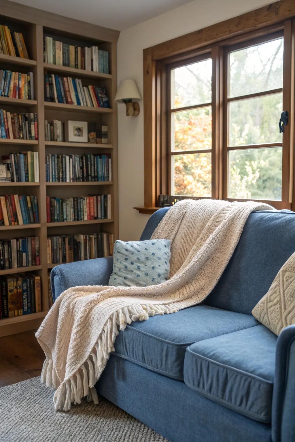 A cerulean settee becomes the ideal spot for a comfortable reading space.