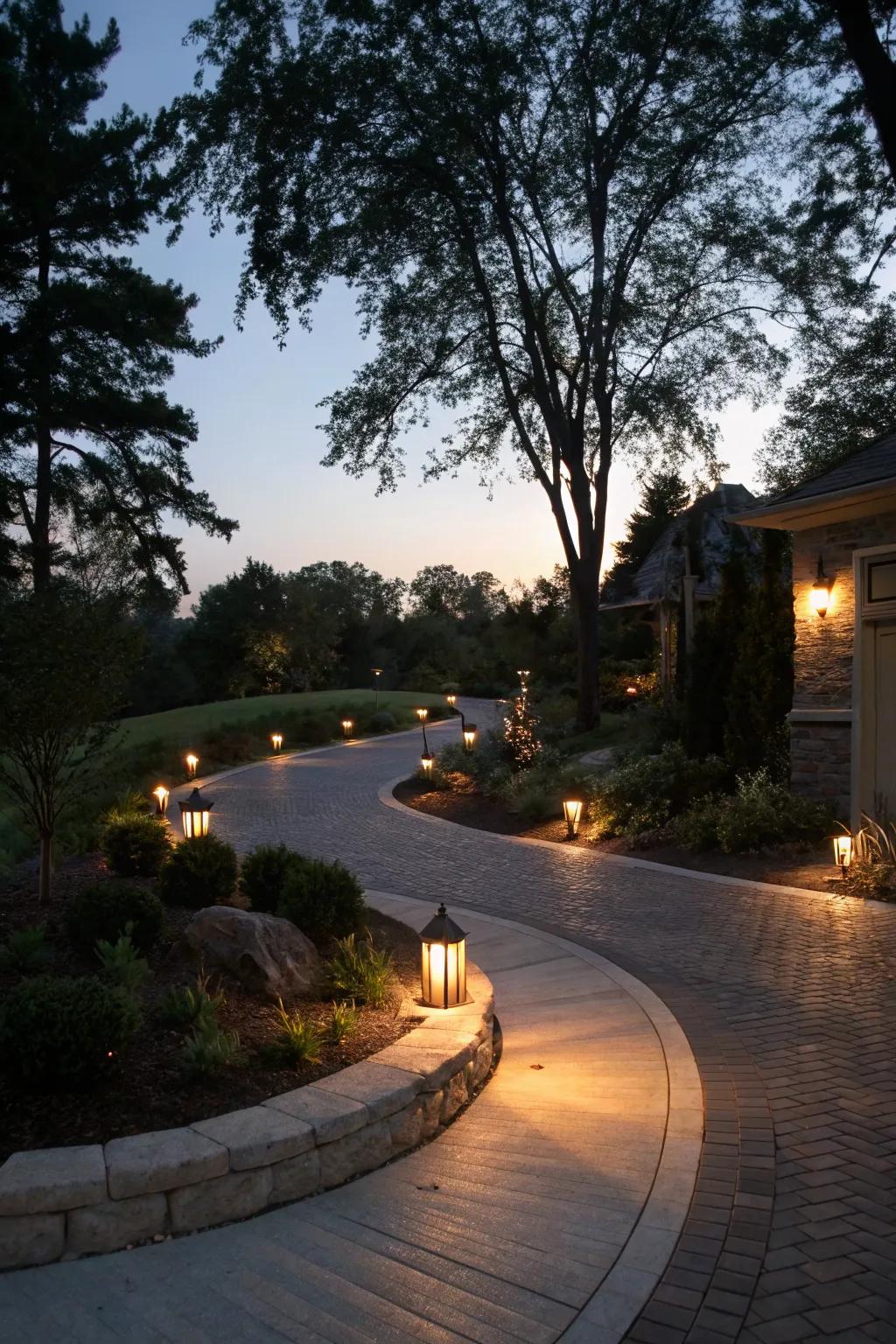 Twinkling lights show the way, projecting a warm glow onto this charming driveway.