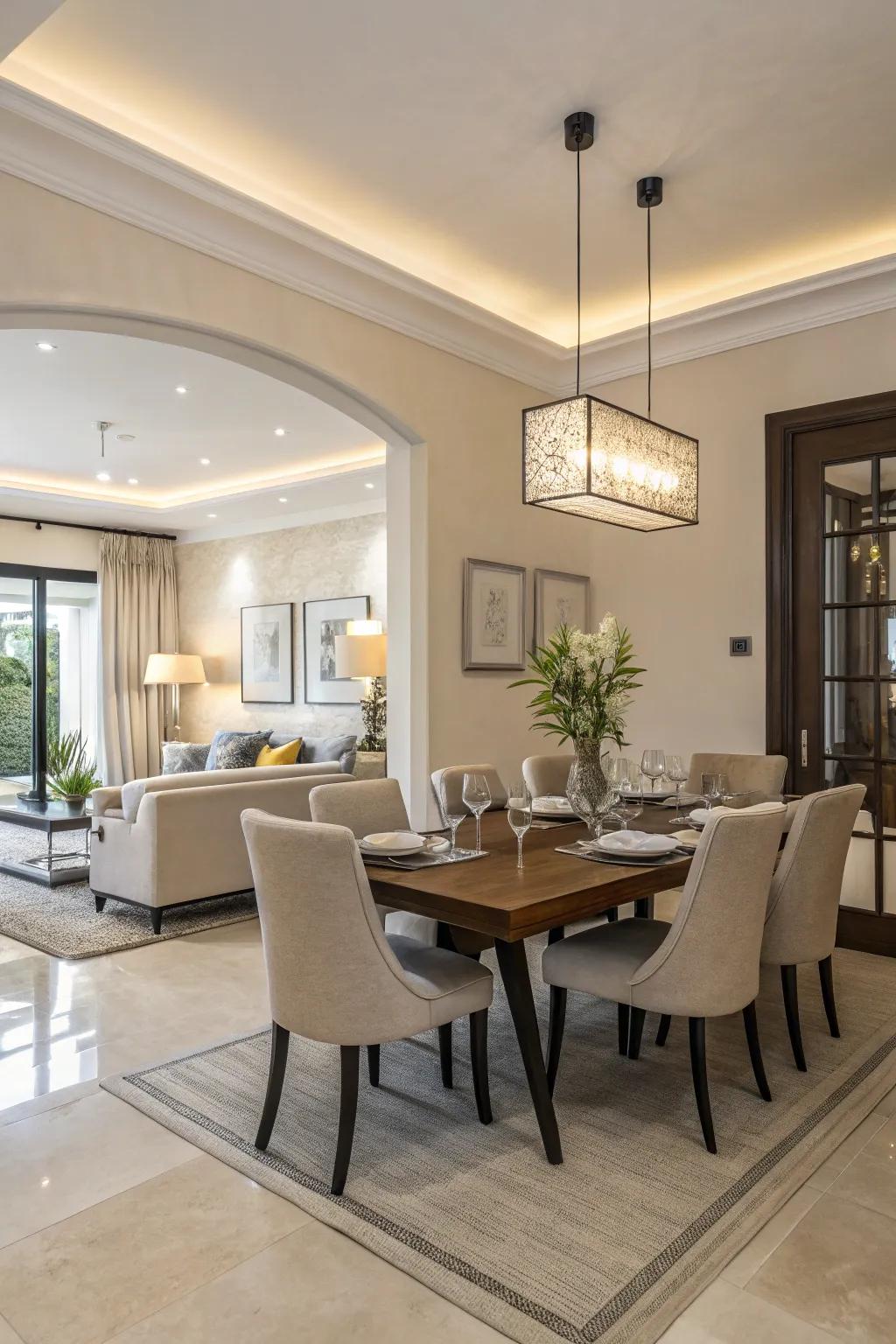 A radiant and subdued color palette that enhances the dining room's openness.