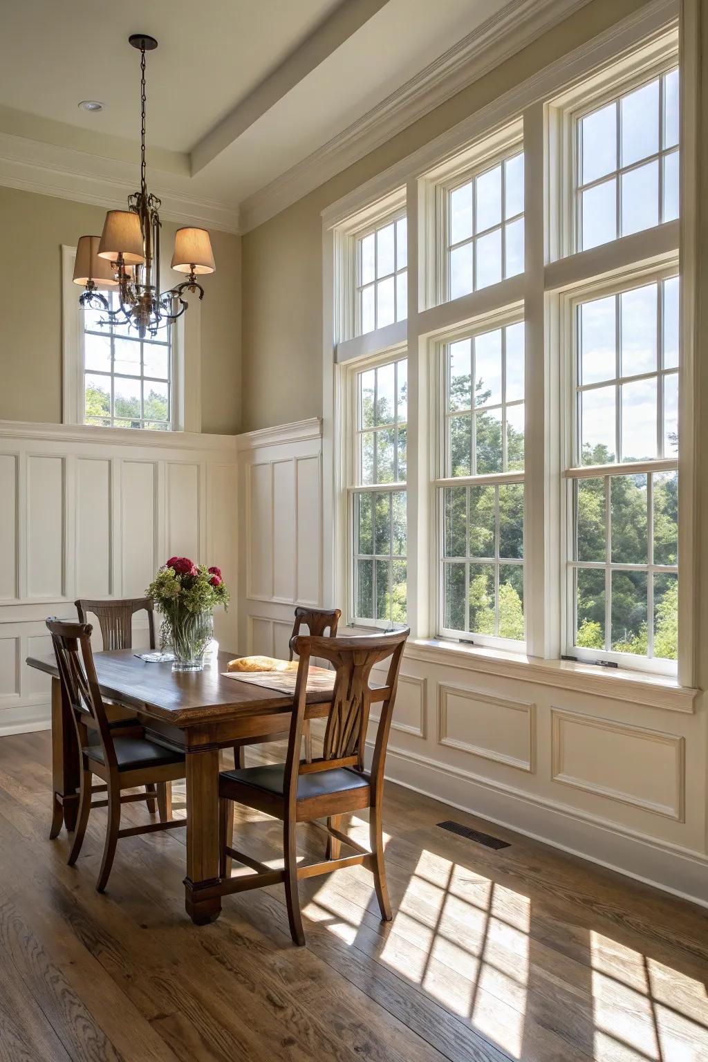 This airy dining room's wainscoting draws attention to the natural light and views.