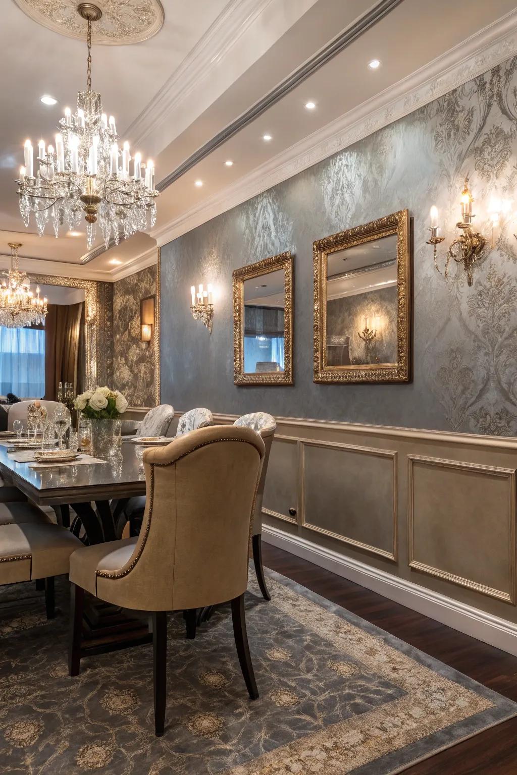 Metallic paint beneath the chair rail adds a luxurious shimmer.