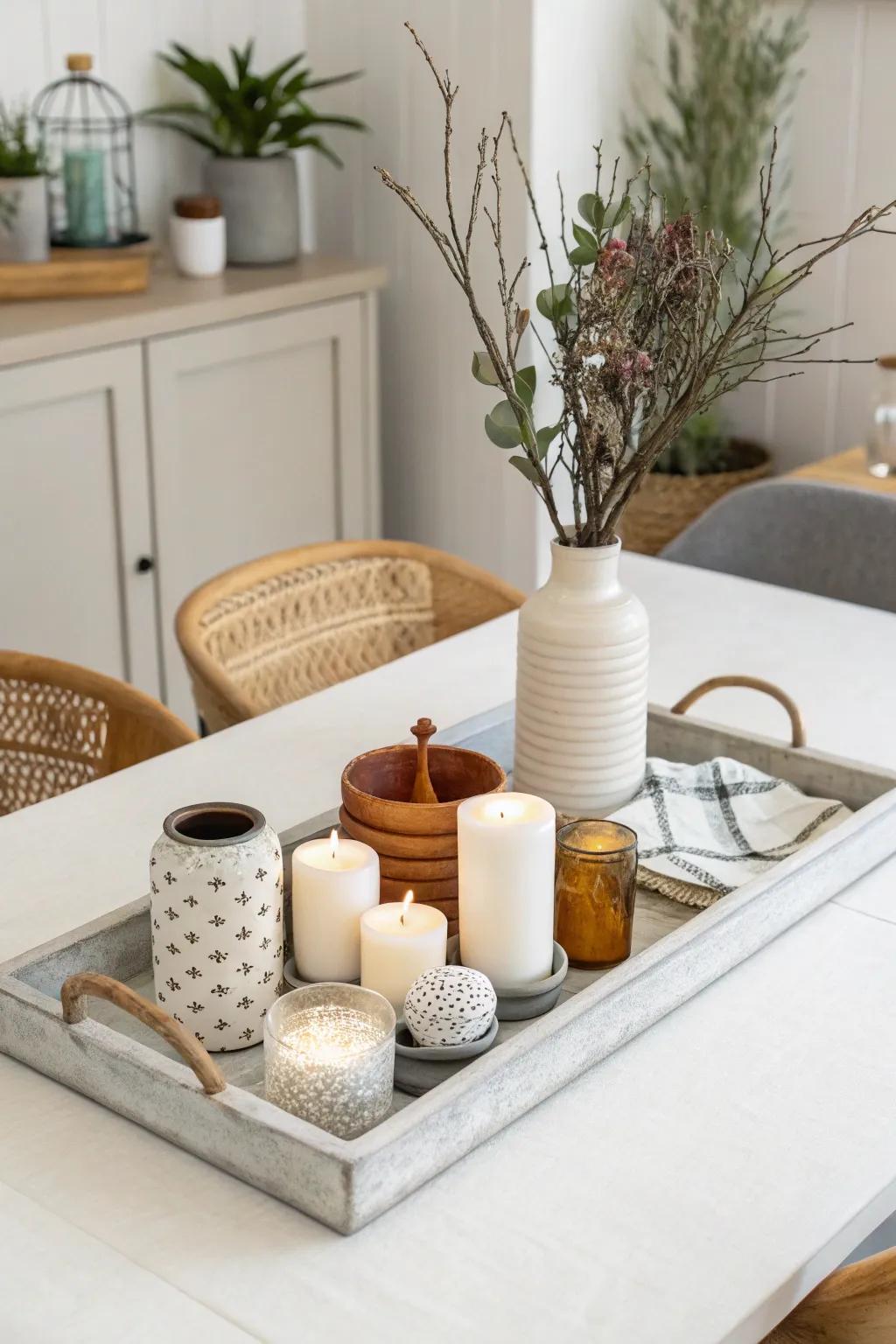 A dining table featuring decorative items neatly arranged on a large tray.