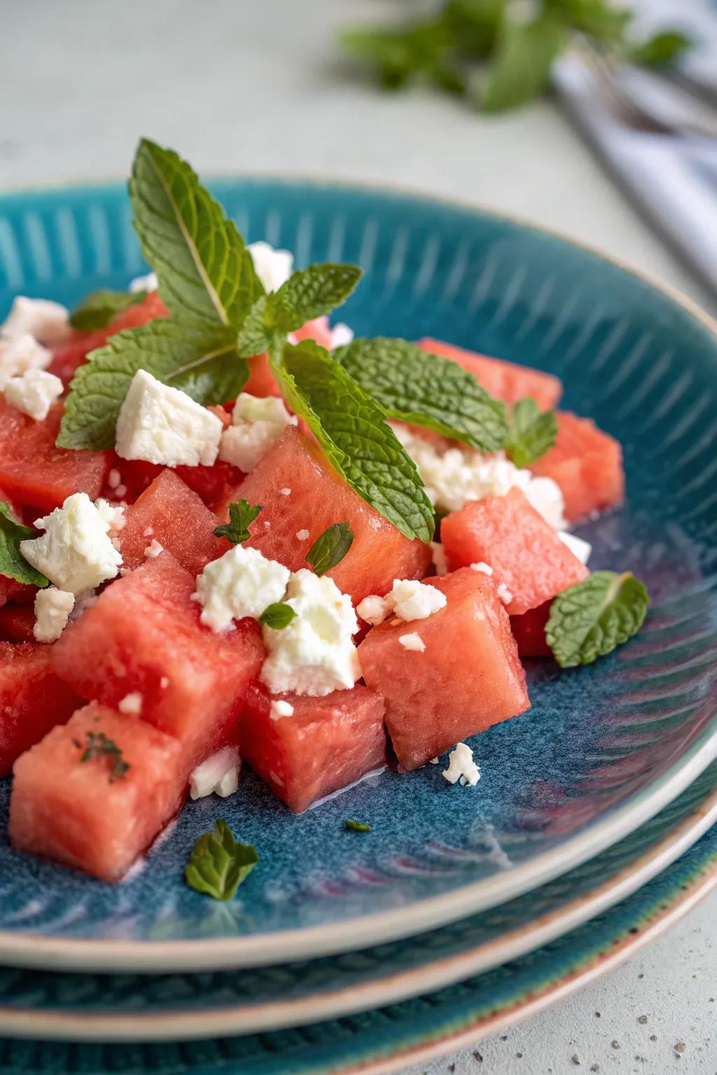 Enjoy the refreshing combination of watermelon and cream cheese in this summer salad.