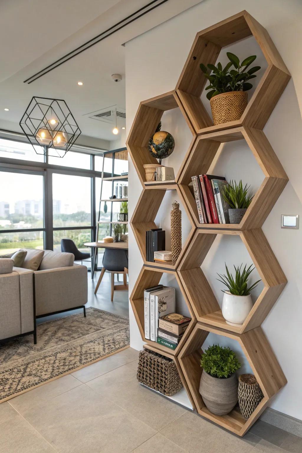 Geometric shelves establish a unique point of interest.